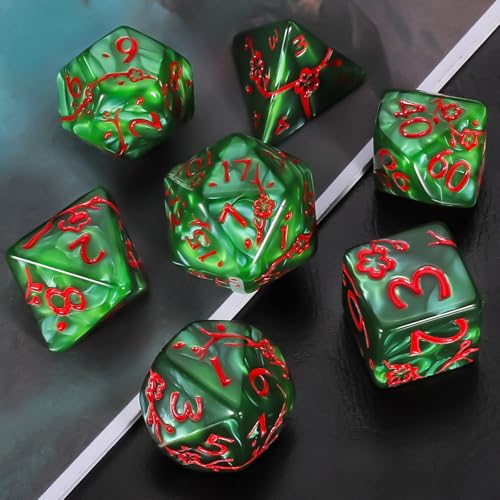 CiaraQ 7pcs Polyhedral Dice Set for Dungeon and Dragons MTG Table Games | Acrylic Role Playing Dice for D&D with Black Velvet Bag – Green Pearl with Red Numbers & Plum Blossom Patterns - color: Green and Red Floral Dice