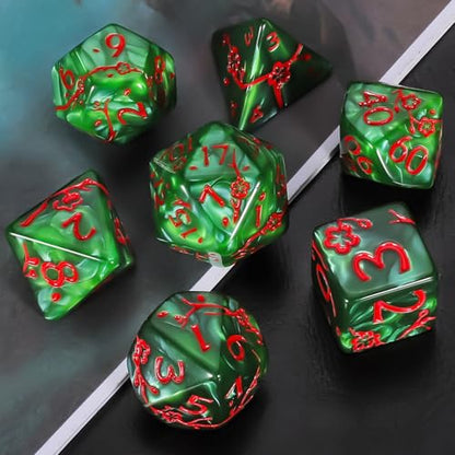 CiaraQ 7pcs Polyhedral Dice Set for Dungeon and Dragons MTG Table Games | Acrylic Role Playing Dice for D&D with Black Velvet Bag – Green Pearl with Red Numbers & Plum Blossom Patterns - color: Green and Red Floral Dice
