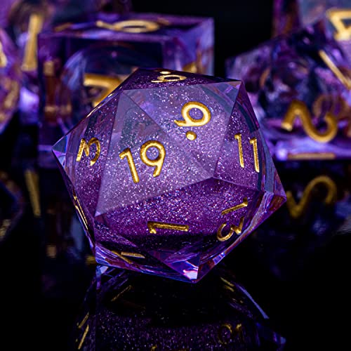 ARUOHHA DND Liquid Core Dice, 7pcs Resin Sharp Edged Dice Set RPG Translucent Polyhedral D and D Dice, Role Playing Dice Set D20 D12 D10 D8 D6 D4 with Gift Box - color: Purple Gold