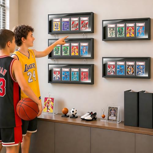 MoKo Card Display Case, 3-Pack Wall Mount for 12 Graded Cards | Clear acrylic and pine trading card display case with side access; use each case alone or combine as a graded card display - color: Black