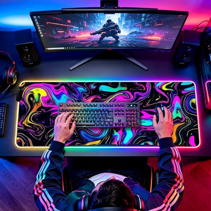 RGB Abstract Colorful Marble Swirl Fluid Gaming Desk Mat, Computer Keyboard Large Extended Long LED Mouse Pad for Office and Home, XL (W22) - color: Rgb-w22