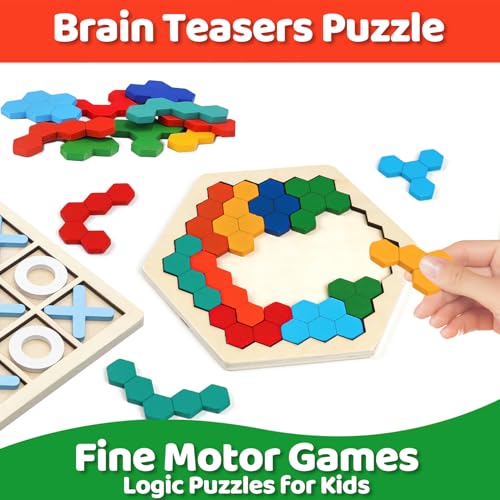 Wooden Puzzles,Geometric Shape Logic Hexagon Puzzle Toys Brain Teasers STEM Montessori Educatioanl IQ Board Games Easter Basket Stuffers Gift for Kids Boys Girls Ages 3+ (4 Pack) - style: Puzzle set-4pcs