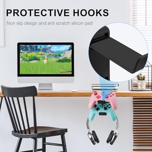 3-in-1 PC Gaming Headphone & Controller Holder for Desk - Headphone Hanger with Adjustable Clamp & Rotating Arm, Under Desk Controller & Switch Stand - Black