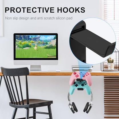 3-in-1 PC Gaming Headphone & Controller Holder for Desk - Headphone Hanger with Adjustable Clamp & Rotating Arm, Under Desk Controller & Switch Stand - Black