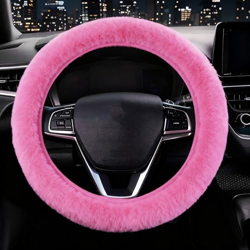 Furry Steering Wheel Cover, Fluffy Fuzzy Fur for Sweaty Cold Hands | Heat Absorbing, Soft Warm, Elastic Stretch, Standard Size 14.5"-15" Car Truck SUV, Anti-Slip Auto Interior Accessories, Pink - color: single cover - pink