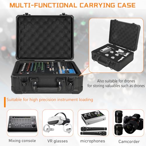 13 Inch Aluminum Carrying Case 13 X 10 X 5.5 Inch Ideal for Microphone & Camera Gear Transportation, DJ Mixer Case with Customizable Pre-Diced Foam, Black - size: Inner：12.5''X 9.5''X 5.1''