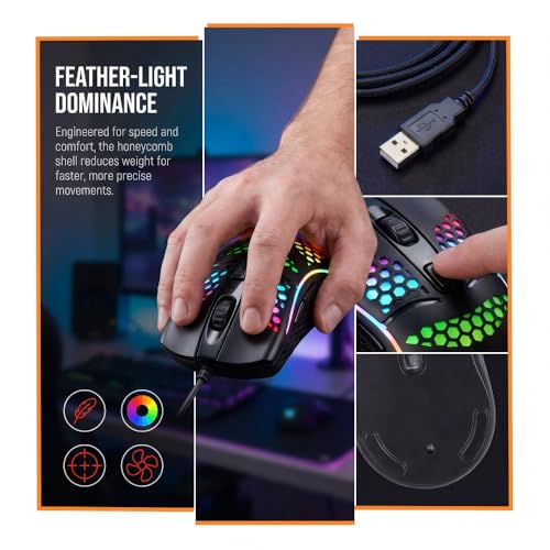 【Lightweight Honeycomb Design】 Ergonomic Wired Gaming Mouse, 1600 DPI, 4 Buttons, RGB Rainbow LED Backlit, 1.3M USB Cable, Plug & Play for PC/MAC Gamers - color: Black, size: Professional Mouse