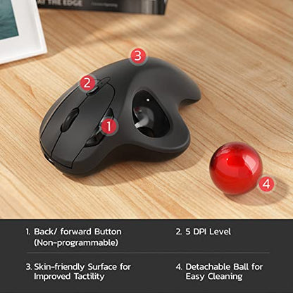 Nulea M501 Wireless Trackball Mouse Ergonomic Thumb Control,4 DPI Levels | Rechargeable mouse with bluetooth USB receiver,3 device use,smooth tracking,compatible with PC Mac Windows - color: A-Red