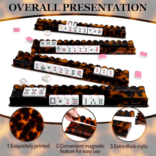 17.5 Inch Mahjong Racks with Magnetic Pushers, Tortoise Shell | Four-player acrylic set includes four racks, magnetic pushers and a divided storage bag for organized American mahjong play.