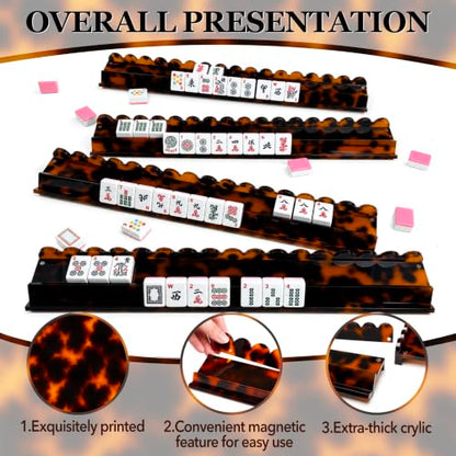 17.5 Inch Mahjong Racks with Magnetic Pushers, Tortoise Shell | Four-player acrylic set includes four racks, magnetic pushers and a divided storage bag for organized American mahjong play.