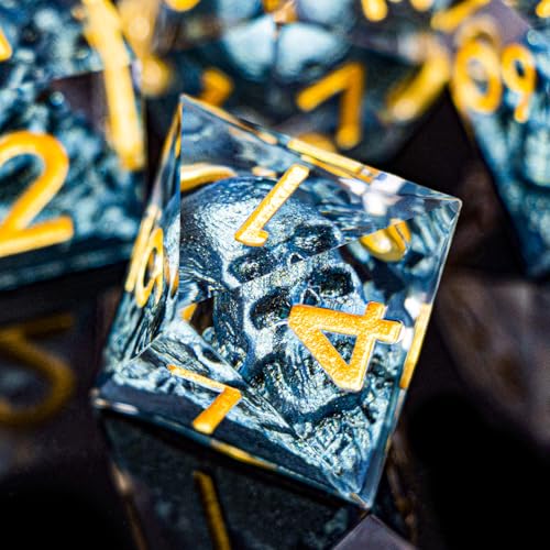 DND Skull Dice Set 7PCS Necromancer Polyhedral Dice for Dungeons Dragons RPG Role Playing Game, Resin Sharp Edged D and D Dice with Gift Box D6 D8 D10 D12 D20 (Navy Blue) - color: Navy Blue&gold