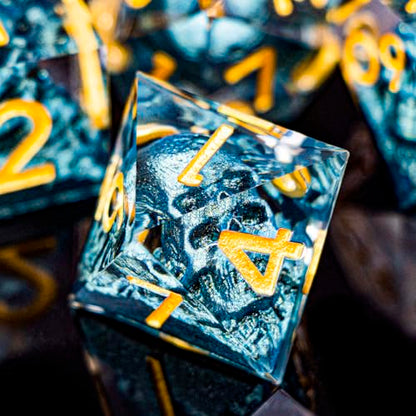 DND Skull Dice Set 7PCS Necromancer Polyhedral Dice for Dungeons Dragons RPG Role Playing Game, Resin Sharp Edged D and D Dice with Gift Box D6 D8 D10 D12 D20 (Navy Blue) - color: Navy Blue&gold
