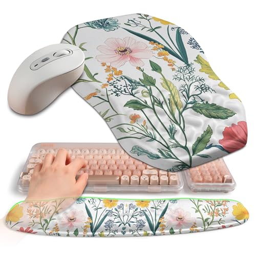 2-in-1 Ergonomic Set, Wave Keyboard Wrist Rest and Massage Slope Mouse Pad Wrist Support, Rebound Memory Foam for Relieve Carpal Tunnel Syndrome and Wrist Pain (Pink Flowers) - color: Pink Flowers
