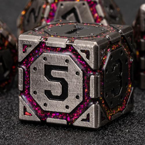 Metal DND Dice Set, Polyhedral Metallic Dice with Cracks for Dungeons and Dragons RPG TTRPG D&D 7-Die Set with Gift Case - color: Ancient Nickel Rose Red