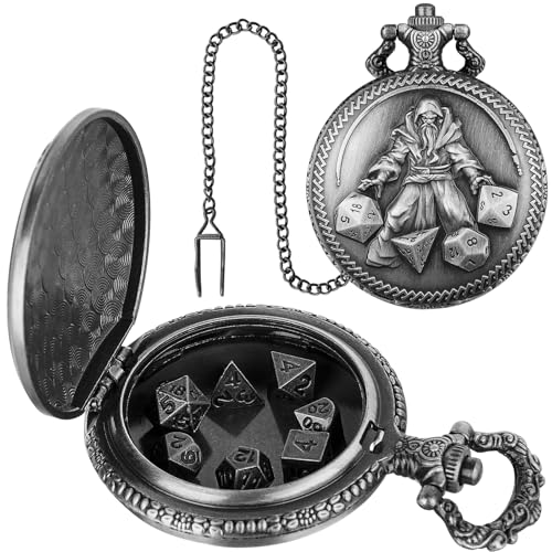 Mini DND Dice Set, Hand Held Dice Wizard Pocket Watch Shell Case, 7 Piece Polyhedral Metal D&D Dice Set, DND Gifts with Gift Box, Role Playing Board Game Accessories, Dark Silver - color: Dark Silver