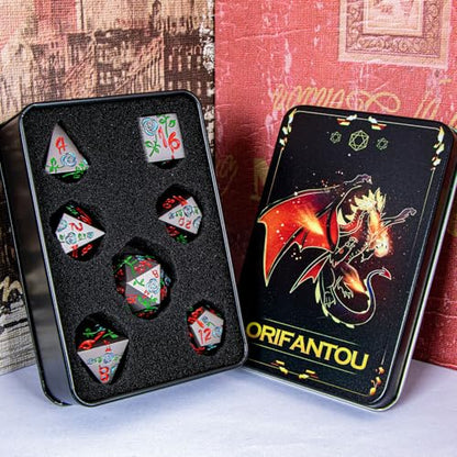 Gothic DND Dice Set Bleeding Rose Metal D and D Dice for use with Dungeons Dragons D&D Role Playing Game, Purple Green RPG Blood Polyhedral Dice Set D20 D12 D10 D8 D6 D4 - color: Purple Green&black&red Numbers
