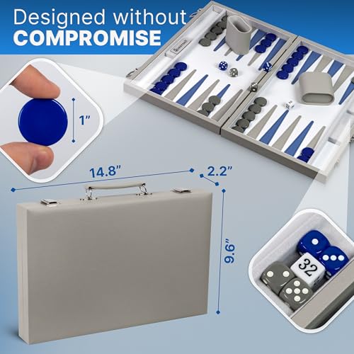 Large Gray Backgammon Set for Adults - Classic Board Game for 2 Players Adults and Kids - Premium 15 Inch Backgammon Board with 32 Playing Pieces in Quality PU Leather Case - style: Premium Grey
