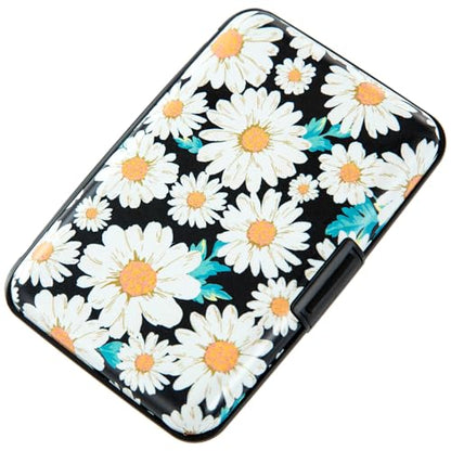 Credit Card Holder Small RFID Blocking Wallet Business Metal Slim Mini Aluminum Hard Case for Women Men - color: Daisy Flower