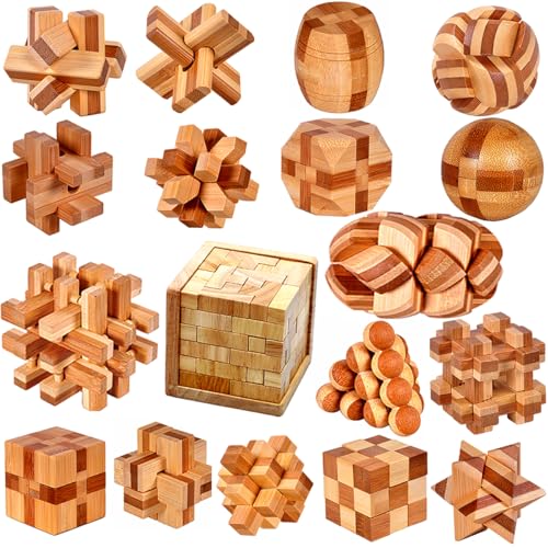 18 Pack Wooden Brain Teaser Puzzles Stress Relief Toys Wooden Burr Puzzles Brain Teaser Puzzle with Gift Packing Box Magic Puzzle Games Toy for Kids and Adults by AHYUAN (Bamboo) - style: Bamboo