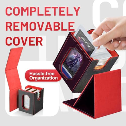 Trading Card Storage Box with Commander Display for MTG, TCG, Sports Cards, 5-in-1 Card Deck Box, Holds 450+ Double-Sleeved Cards, 4 Individual Deck Cases with Covers, Dice Tray & Magnetic Holders - color: Black & Red