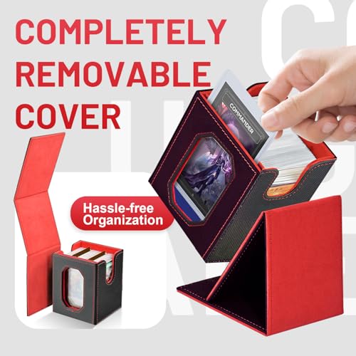 Trading Card Storage Box with Commander Display for MTG, TCG, Sports Cards, 5-in-1 Card Deck Box, Holds 450+ Double-Sleeved Cards, 4 Individual Deck Cases with Covers, Dice Tray & Magnetic Holders - color: Black & Red