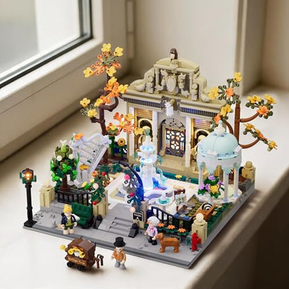Lumibricks Pocket-Garden Lighting Buildin Set, 1649 Pcs Landscape Set | French Parisian Style Corner Garden, Modular Park Model for Adults, Decorative Construction with Fountain and Seasonal Plants