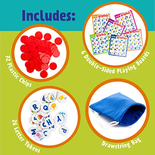 Peaceable Kingdom Alphabet Bingo! Letter Learning Educational Board Game for 2 to 6 Kids Ages 4+ | Teach letters and sounds with a bingo twist—6 boards, 26 letter tokens and 72 chips. Educational fun for ages 4+