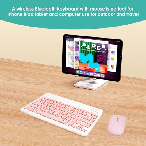 LAMA 7 Colors Backlit Bluetooth Keyboard and Mouse Combo for iPad Pro/Air/Mini, Ultra-Slim Rechargeable Wireless Keyboard and Mouse for iPhone 15/14/13 Pro/Samsung/PC/Laptop/iOS/Windows/Android,PK - color: Pink
