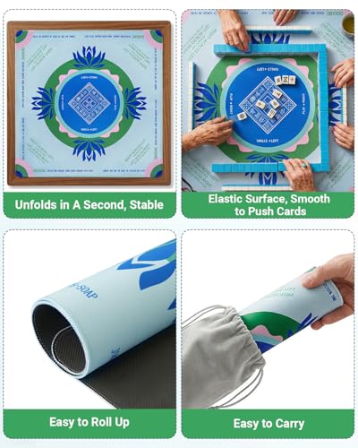Mahjong Mat for Table, American Mahjong Mat with Rules, 32x32 Inch | Rubber Non-Slip Mah Jong Mat, Noise Reduction Table Cover Accessories for Mahjong, Poker, Board Games, Dominoe - color: Blue-green