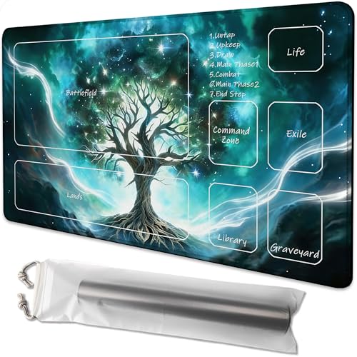 for MTG Playmat 24 x 14 Inches Green Vitality Magic Play Mat Card Game Mat for Magic The Gathering TCG PTCG Playmat with Free Storage Bags Non-Slip Backing and Stitched Edge - color: Green Vitality With Zones