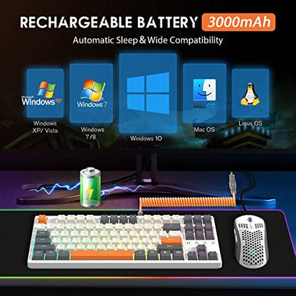 ATTACK SHARK K87 Wireless Keyboard,TKL Mechanical Keyboard,2.4G/BT 5.0/Wired Coiled Keyboard Cable,Hot Swappable Tactile Switch,Chroma RGB,3000 mAh Rechargeable Battery for Windows Mac(White-Gray) - color: White Gray
