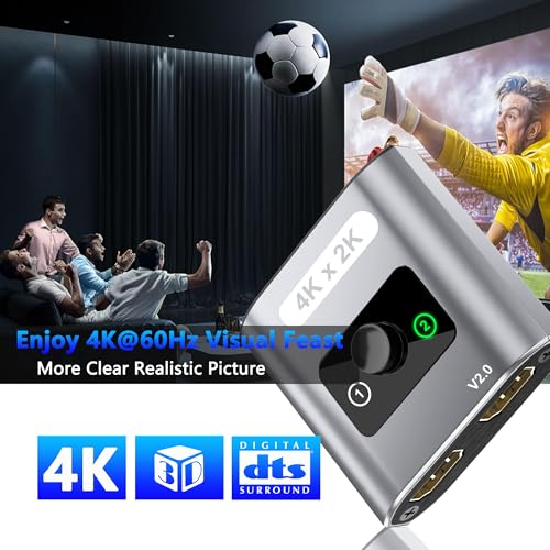HDMI Switch Splitter 4K@60Hz, Aluminum Bi-Directional HDMI 2.0 Switcher, HDMI Splitter 1 in 2 Out/ 2 in 1 Out, Support 4K 3D HDR for Xbox, PS5/4/3, Fire Stick, Roku, HDTV, Projector, Computer (Gray) - color: Gray