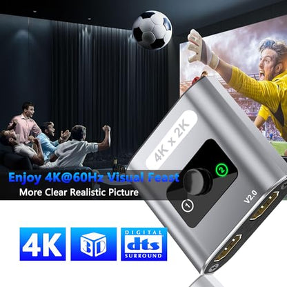 HDMI Switch Splitter 4K@60Hz, Aluminum Bi-Directional HDMI 2.0 Switcher, HDMI Splitter 1 in 2 Out/ 2 in 1 Out, Support 4K 3D HDR for Xbox, PS5/4/3, Fire Stick, Roku, HDTV, Projector, Computer (Gray) - color: Gray