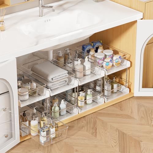 Vtopmart 4 Pack Pull Out Bathroom Under Sink Organizer (S-Standard, White) | Slide-out drawers, Multi-purpose storage, Clear visibility, Easy Set-up - color: White, size: S-Standard (4 Pack)