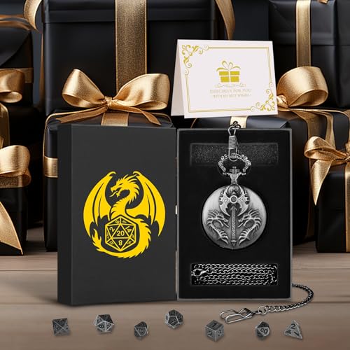 Mini DND Dice Set with Double Headed Dragon(Top Double-Sided Axe) Pocket Watch Case, 7-PCS Polyhedral Metal D&D Dice, DND Gifts with Gift Box, Role Playing Game Board Game Accessories Dice, Silver - color: Dark Silver