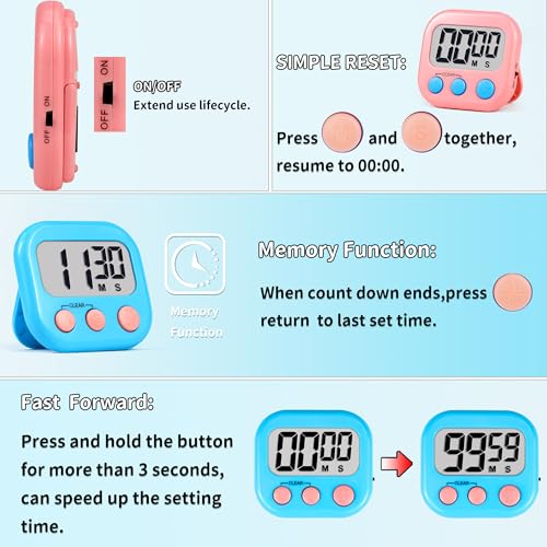 Timer for Kids Teachers Supplies Digital Kitchen Timers for Cooking Large Magnetic Classroom Timer 2Pack-Blue Pink - color: Blue Pink