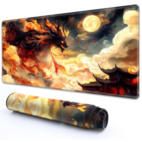 for TCG MTG Commander Playmat 24 x 14 Inch Trading Card Game Mat | Thick Non Slip Rubber Playmat With HD Fade Resistant Printing for All Card Games, Black Chinese Dragon Golden Moon - color: Black Chinese Dragon Golden Moon, size: 24" x 14"