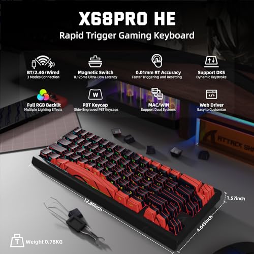 ATTACK SHARK X11 & X68 PRO HE Wireless Gaming Combo,Rapid Trigger Hall Effect Magnetic Switch 8K Keyboard,Ultra-Light 22K DPI PAW3311 Optical Sensor Mouse,RGB Backlit Tri-Mode with Coiled Cable-Red - color: Red