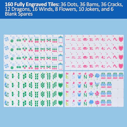 Jongyance American Mahjong Tile Set(Blue) with Carrying Bag and Accessories, 160 Acrylic Engraved Mahjong Tiles - color: Blue