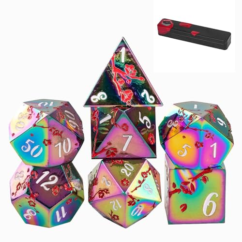 UDIXI Rainbow Metal Dice Set D&D, 7PCS Flower Metal DND Dice Set for RPG | Red Flower, Metal Case Packaging, Heavy Metal Dice, D&D Gift, for Dungeons and Dragons Role Playing Games Tabletop Games - color: Flower/Colorwhite