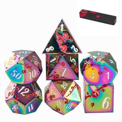 UDIXI Rainbow Metal Dice Set D&D, 7PCS Flower Metal DND Dice Set for RPG | Red Flower, Metal Case Packaging, Heavy Metal Dice, D&D Gift, for Dungeons and Dragons Role Playing Games Tabletop Games - color: Rainbow-white