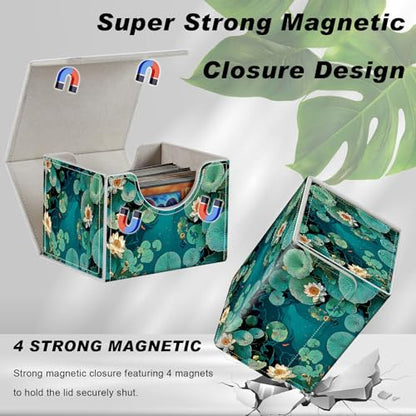 Card Game Storage Box TCG Deck Box MTG Card Box Organizer Trading Card Case Commander Deck Box TCG Card Storage Box Magnetic Closure Creative Pattern Up to 200 Cards, Green Pond Lotus Leaves - color: Green Pond Lotus Leaves