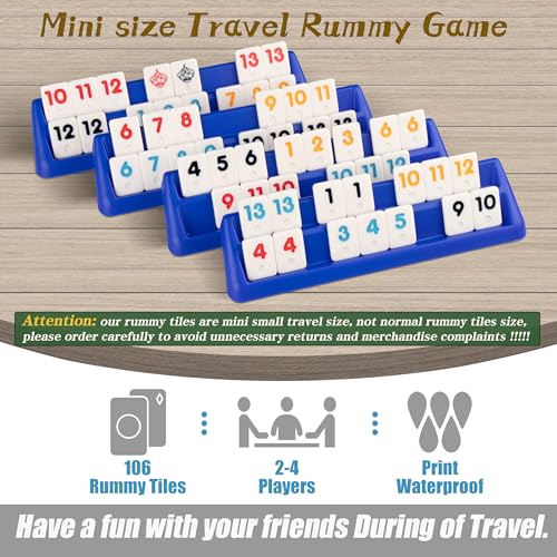Doublefan Mini Rummy Cube Set, Mini Size Rummy Game with Portable Bag, Small Travel Game for Adult and Kids,106 Tiles, 4 Playing Rack, 1 Dice (2-4 Players) - style: Mini Size (2-4 Player)