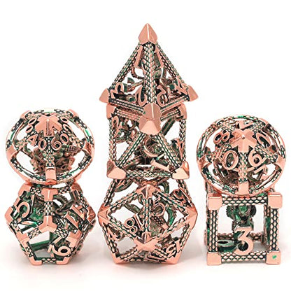 DND Dice Set Polyhedral, Metal Dice Set 7-piece(D20 D6 D4 D12 D10 D% D4) Cthulhu Design for Dungeons Dragons D&D Pathfinder and Other Tabletop Role-Playing Games - color: 3d Copper Green