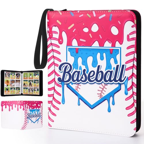 Pasimy 900 Pockets Ice Cream Drip Baseball Card Binder for Trading Cards 9 Pockets with 50 Removable Sleeves 3 Ring Baseball Card Holder Binder with Zipper for Sport Collection Book Storage Album - color: Pink, size: 13.39 x 11.42 Inch, style: Ice Cream