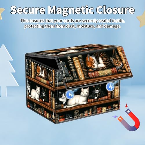 for MTG Commander Deck Box,Card Deck Box for Trading Yugioh MTG,Fits 100 Double Sleeved Cards,PU Leather Strong Magnet Case for Magic Commander TCG CCG,Cat Bookshelf - color: Cat Bookshelf