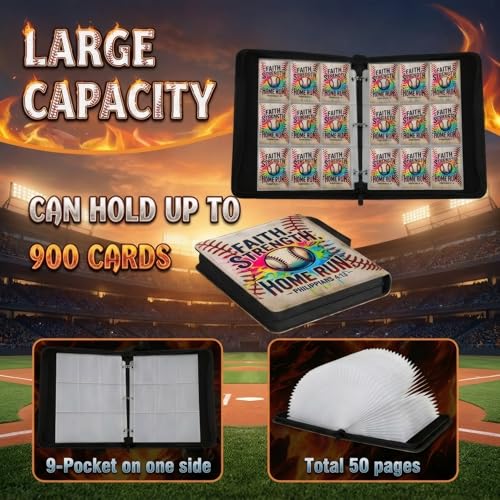 Trading Card Binder 9 Pocket, Colorful Baseball Card Binder Holds 900 Cards with 50 Removable Sleeves, Waterproof PU Leather with Zipper Card Collector Album Book Compatible with TCG Cards - color: Colorful Baseball