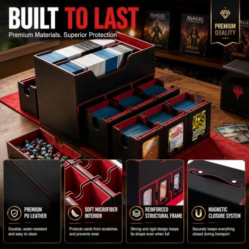 MTG Deck Box for Commander & TCG, Trading Card Storage Box with Handle | 7-in-1 Cards Deck Case with dual-sided windows, 2-layer design, 6 deck case, 1 dice tray, 6 magnetic holders & accessories - color: Super Large - Black Red