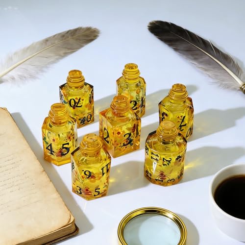 XENOLUX DND Dice Set Polyhedral Novelty Resin Dice - Fantasy Elixir Bottle Shape with Bee & Floral Inclusions, Easy to Read Black Numbers for Dungeons, RPG abletop Games-BOT3 - color: Bot3