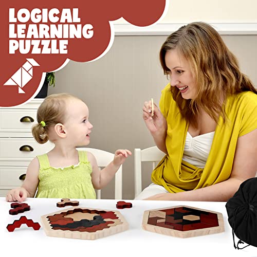Yunsailing 3 Pack Large Hexagon Tangram Puzzle Wooden Brain Puzzles for Adult Challenge Wood Russian Blocks Brain Teasers Geometric Jigsaw Block Logic Iq Stem Family Graduation Gifts(Vintage) - style: Retro